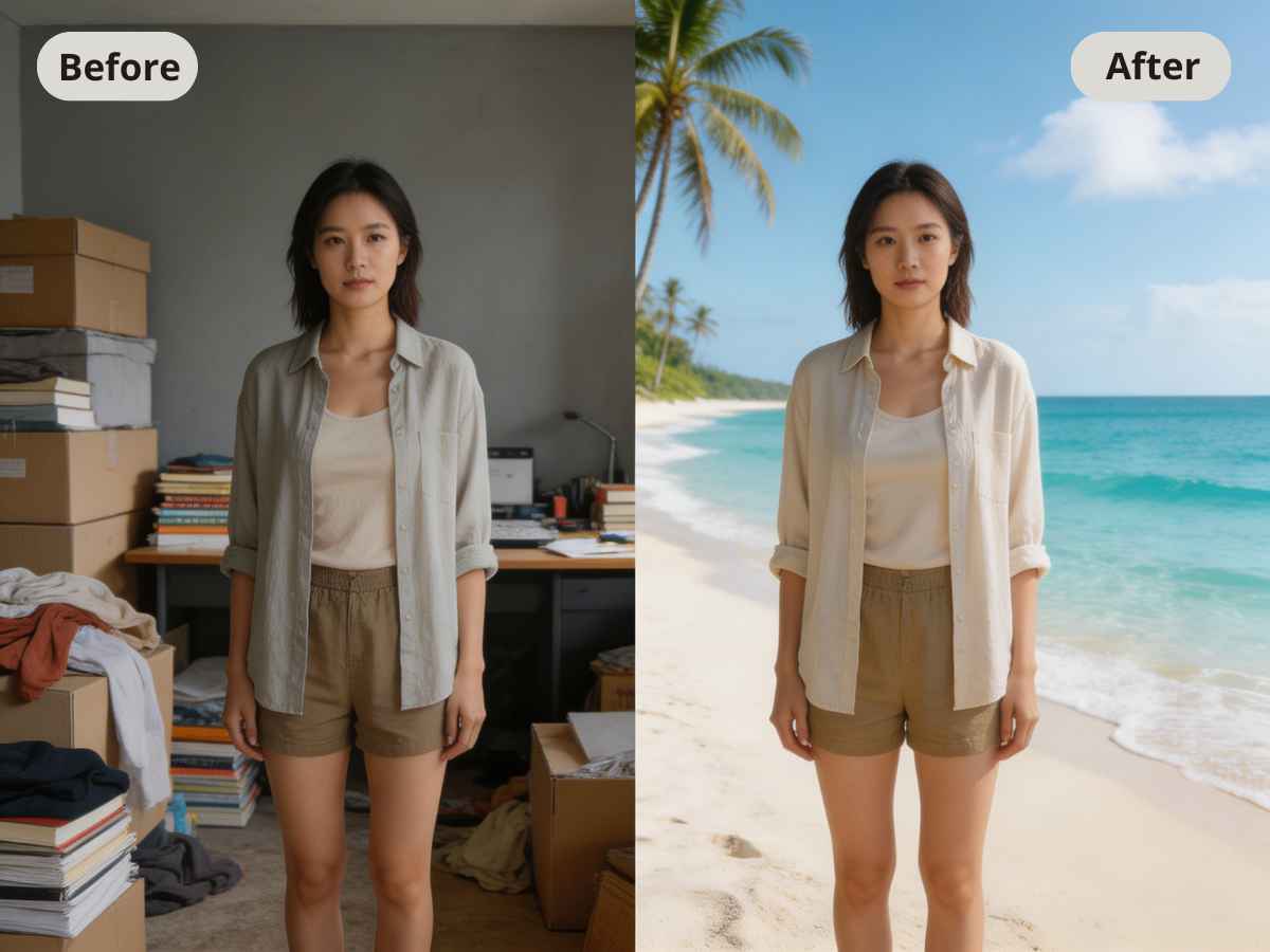 Before and after of background replacement using the best ai photo editor for travel photos.