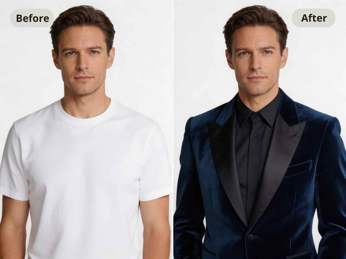 Stylish outfit change results using ai photography editing for professional portraits.