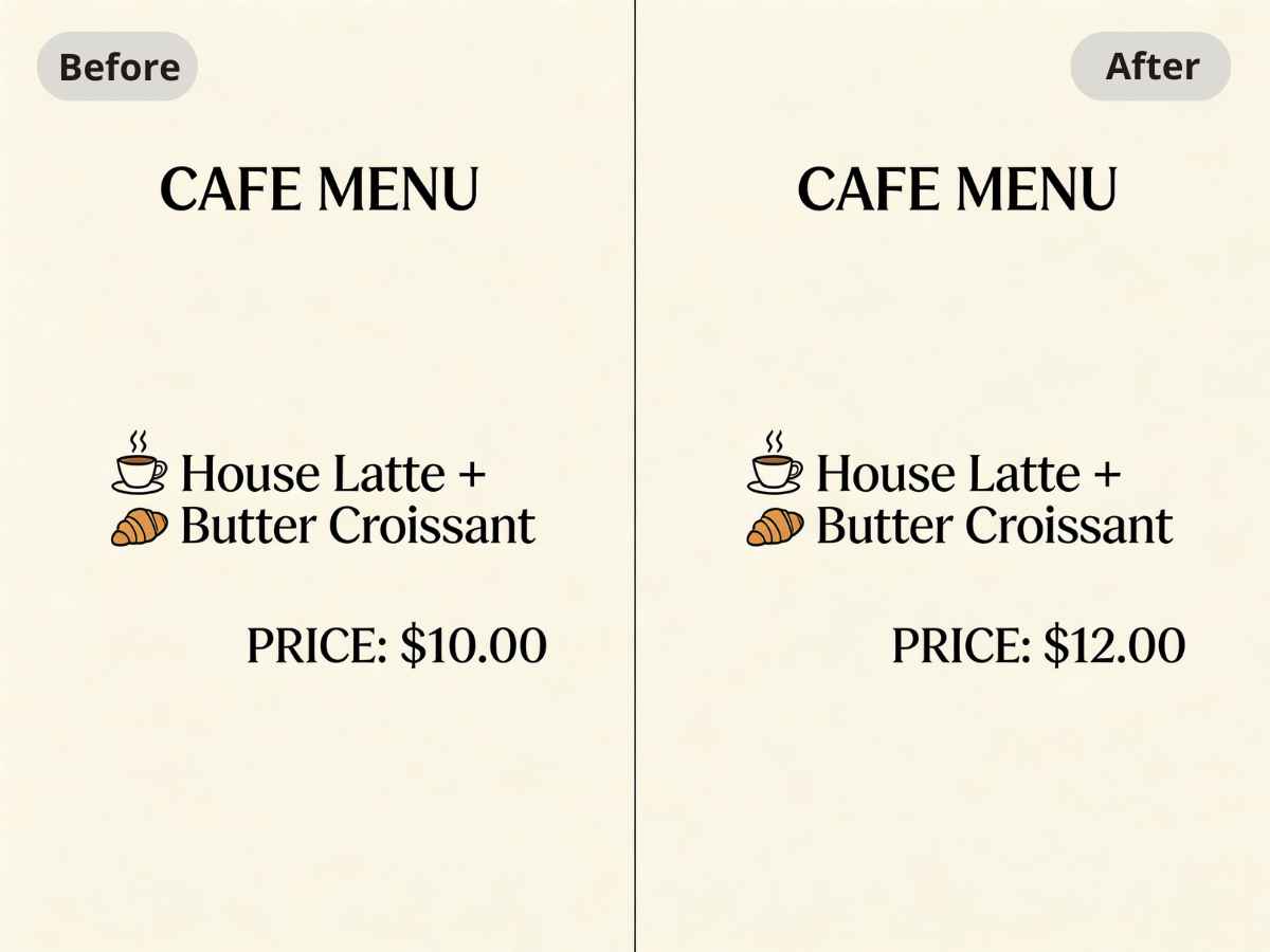 A restaurant menu updated using our photo text editor to change item prices while keeping the same font style.