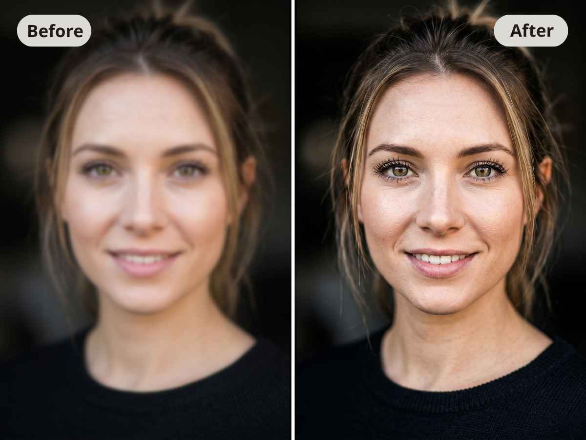 Before and after comparison using our AI image sharpener to enhance portrait details.