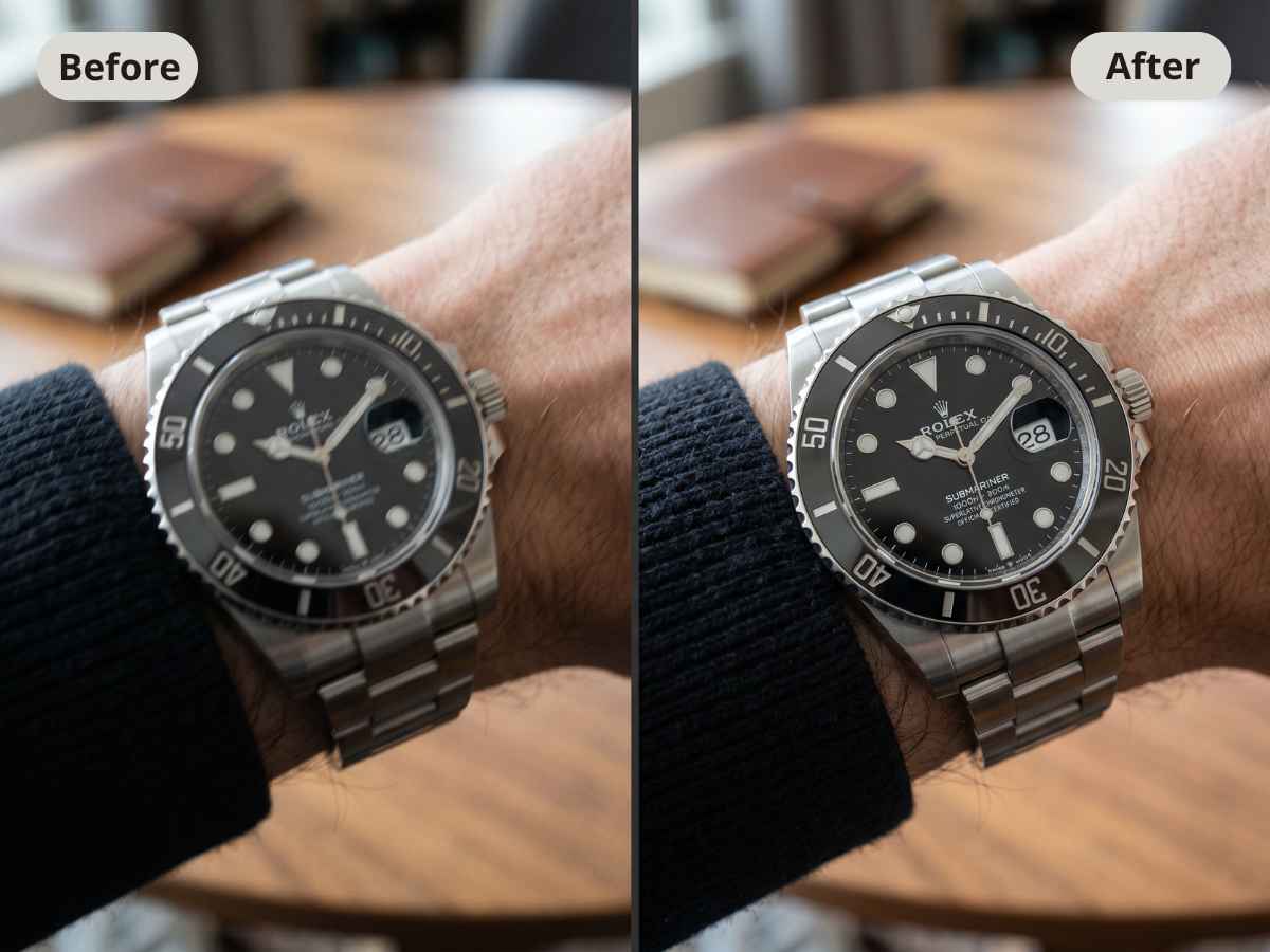 Using the sharpen image tool to clarify product photography for e-commerce.
