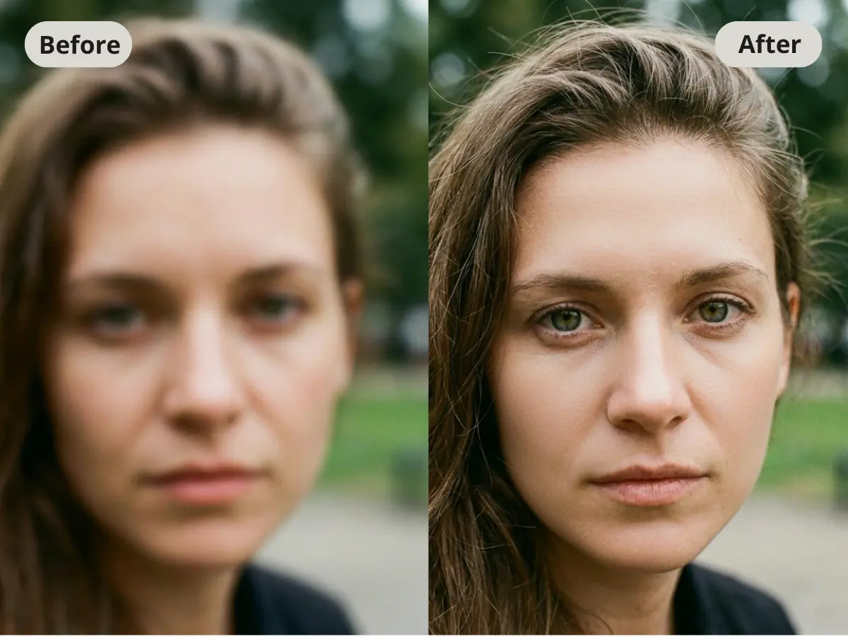 Before and after comparison showing AI unblur image technology fixing an out-of-focus portrait.