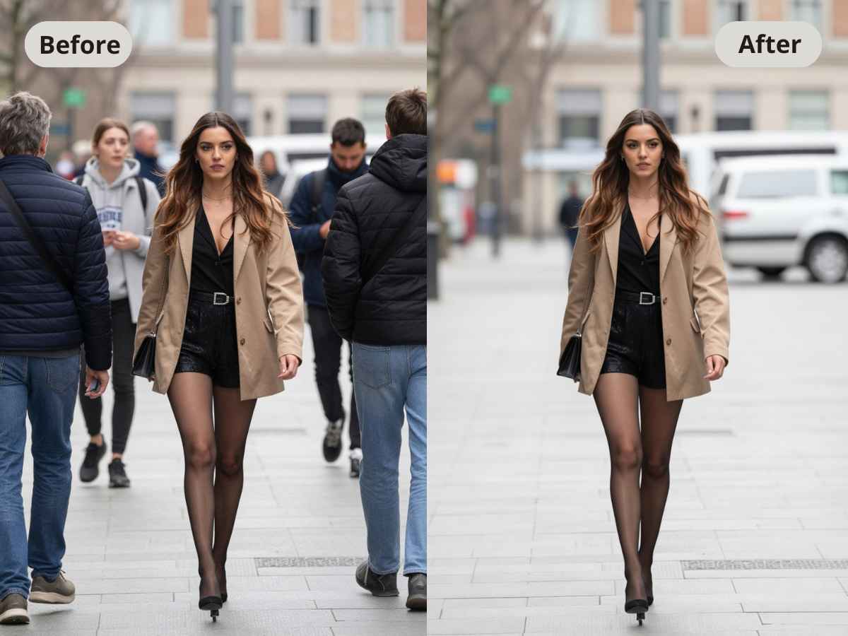 AI magic eraser results for automatically removing tourists from a city park