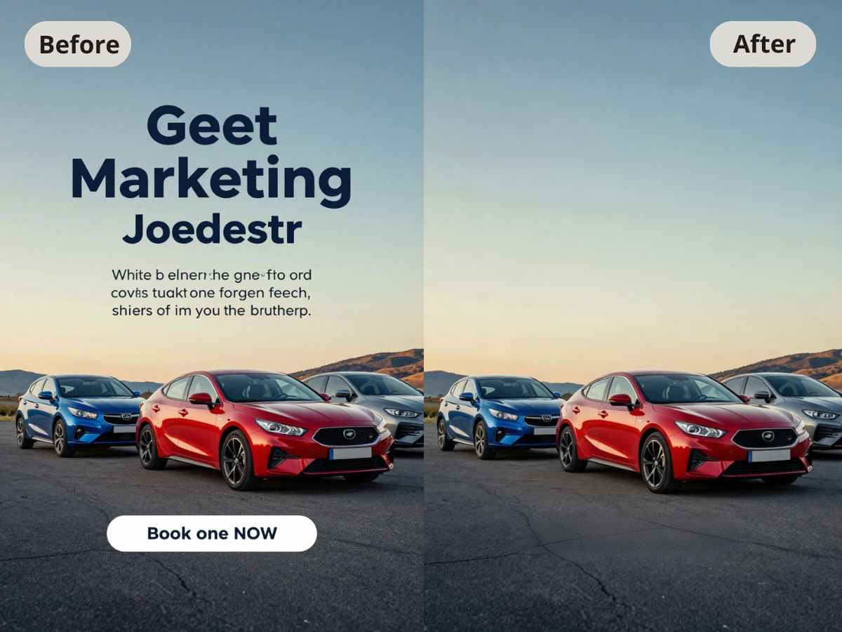 Before and after magic eraser photo showing automated text removal from a background